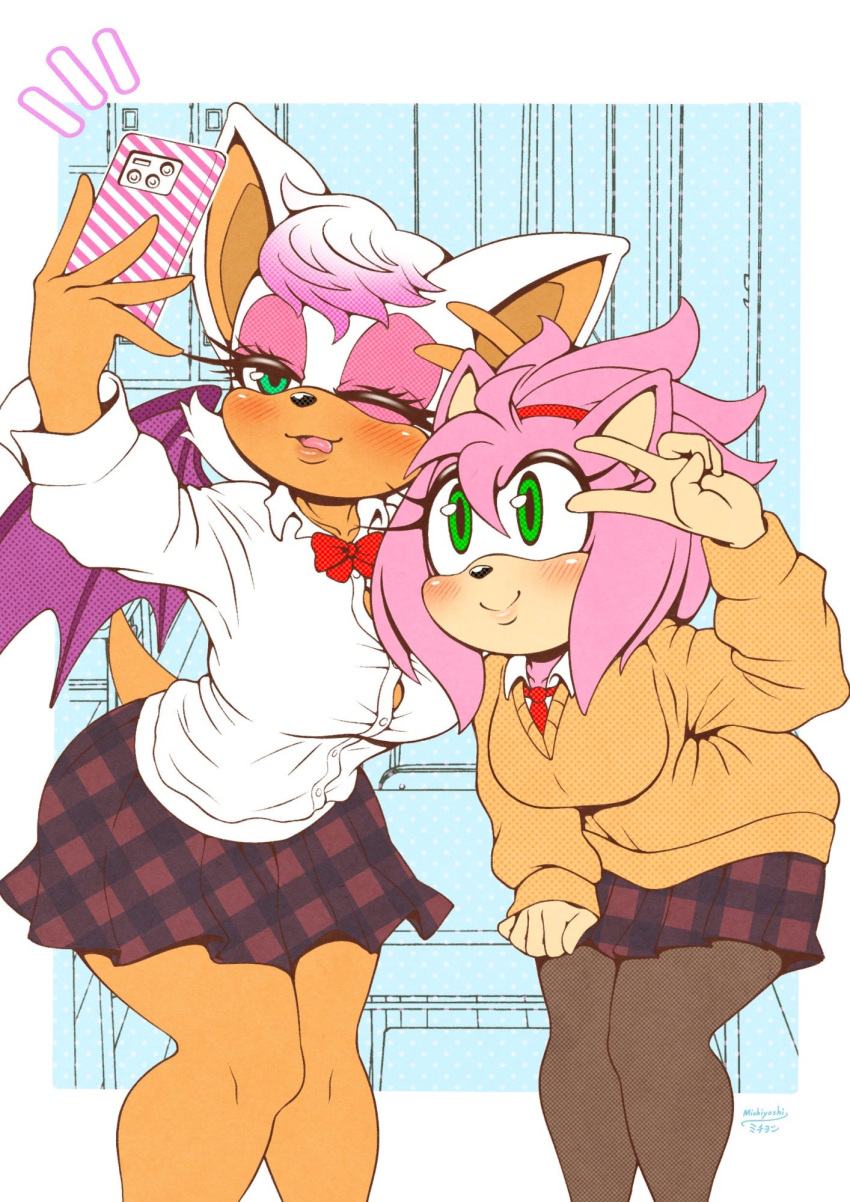 2girls :p alternate_costume alternate_hairstyle amy_rose animal_ears animal_nose aqua_eyes artist_name bare_legs bat_ears bat_girl blush border bow bowtie breasts button_gap buttons commentary_request dark-skinned_female dark_skin desk eyeshadow furry furry_female gingham green_eyes gyaru halftone halftone_background hedgehog_ears highres indoors large_breasts leaning_forward locker long_sleeves looking_at_phone makeup mascara michiyoshi multiple_girls necktie no_bra one_eye_closed outside_border pantyhose phone pink_eyeshadow pink_hair plaid plaid_skirt pleated_skirt polka_dot red_bow red_neckwear rouge_the_bat school_desk school_uniform selfie shirt short_hair signature skirt smile sonic_(series) standing tied_hair tongue tongue_out unmoving_pattern v white_border white_hair white_shirt