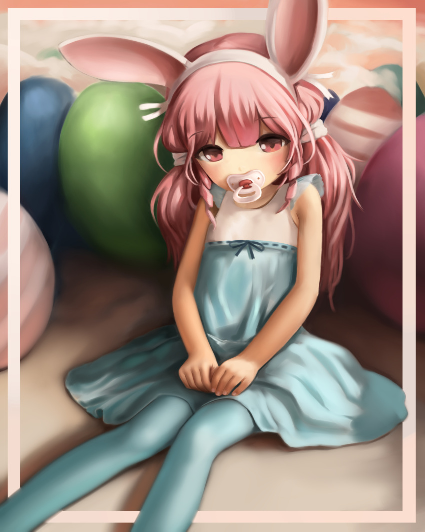 1girl animal_ears blue_dress blue_legwear blush child covered_mouth crumbles dress easter_egg egg hairband hands_on_lap highres long_hair looking_at_viewer low_twintails original own_hands_together pacifier pantyhose pink_eyes pink_hair rabbit_ears sitting solo twintails white_hairband