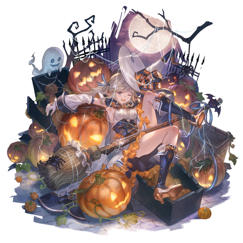 1girl bandaid bandaid_on_head bare_tree basket blonde_hair blue_eyes blue_footwear blue_ribbon boots breasts broom cape cleavage_cutout clothing_cutout coffin corset crossed_bandaids cucouroux_(granblue_fantasy) detached_sleeves dress fallen_down fence flower full_body ghost gloves granblue_fantasy gun hair_ribbon hat high_heel_boots high_heels jack-o'-lantern looking_at_viewer medium_breasts official_alternate_costume official_art one_eye_closed open_mouth outstretched_arm plant pumpkin ribbon sidelocks silk smile solo spider_lily transparent_background tree twintails vines weapon white_dress white_gloves witch_hat