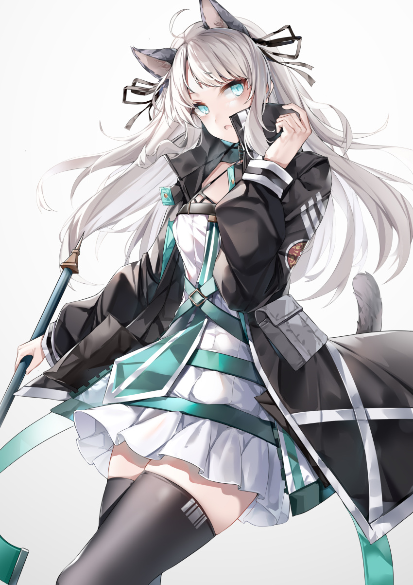 1girl :o absurdres ahoge animal_ears aqua_eyes arknights belt black_coat black_legwear black_ribbon blush cat_ears cat_girl cat_tail coat commentary_request cowboy_shot dress frilled_dress frills hair_ribbon highres holding long_hair long_sleeves looking_at_viewer lubikaya mint_(arknights) open_clothes open_coat open_mouth ribbon silver_hair solo tail thighhighs white_dress zettai_ryouiki