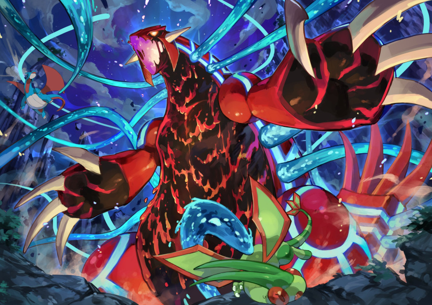 claws cloud commentary english_commentary fang flygon flying from_below glowing glowing_eyes groudon highres night open_mouth outdoors pokemon pokemon_(anime) pokemon_(creature) pokemon_m06 pokemon_rse_(anime) salamence sky spikes tapioka_chaso tongue water_drop