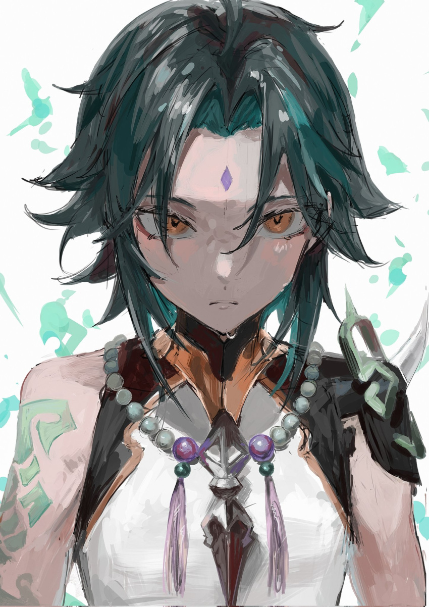 1boy arm_tattoo bead_necklace beads black_hair facial_mark forehead_mark genshin_impact gradient_hair green_hair highres jewelry looking_at_viewer male_focus multicolored_hair necklace skyn_blue solo spikes tassel tattoo upper_body white_background xiao_(genshin_impact) yellow_eyes