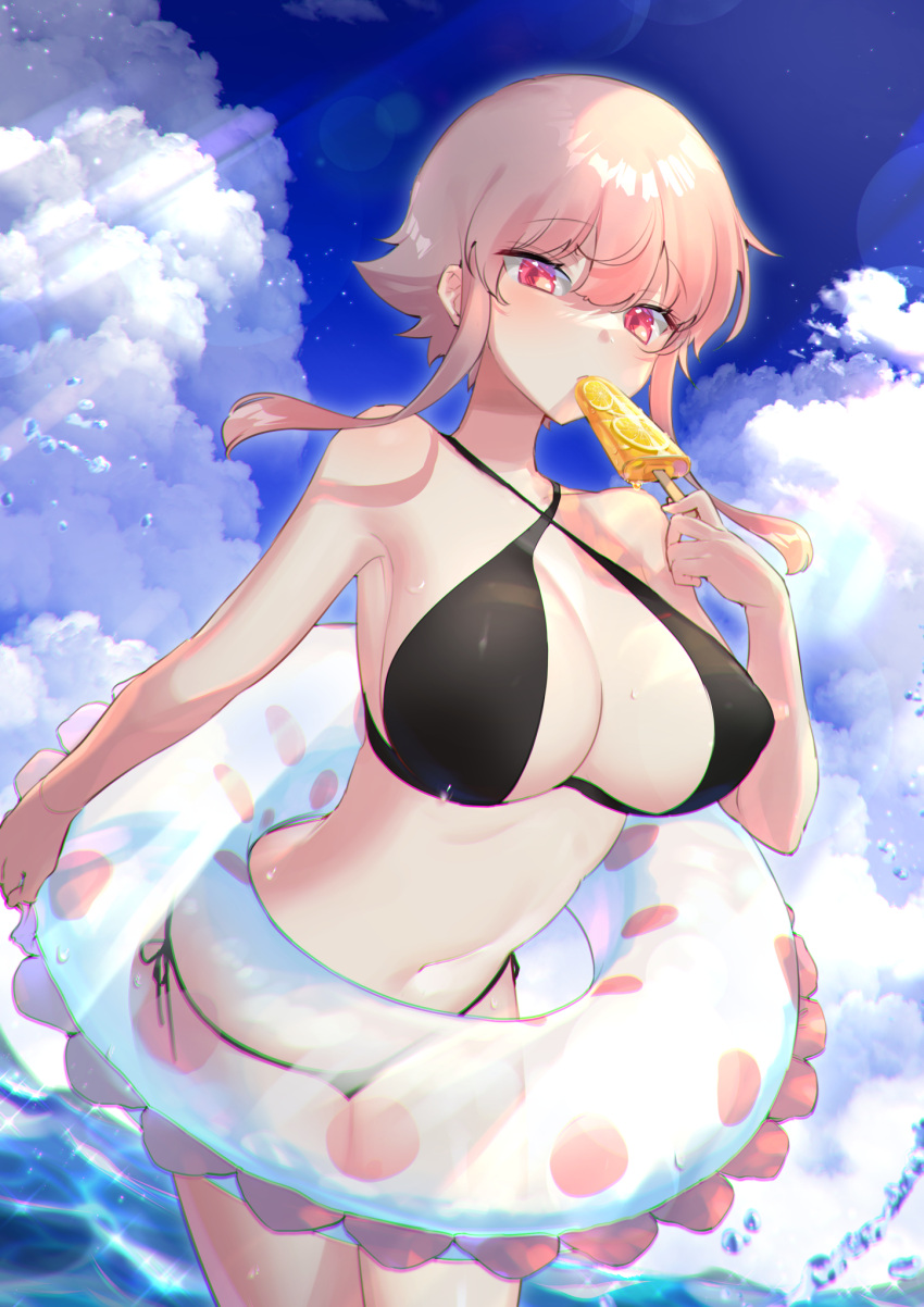 1girl aizenpochi bikini bikini_day black_bikini blue_sky breasts cloud commentary_request criss-cross_halter day food frilled_innertube halterneck hand_up highres holding holding_food holding_innertube innertube large_breasts looking_at_viewer navel original outdoors pink_eyes pink_hair popsicle side-tie_bikini sky solo standing swimsuit water