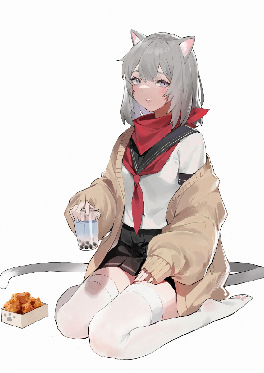 1girl absurdres animal_ears bandana bangs black_sailor_collar black_skirt blue_eyes blush brown_sweater bubble_tea cat_ears cat_tail commentary_request cup drinking_straw facial_hair full_body grey_hair highres holding holding_cup long_sleeves looking_at_viewer medium_hair miniskirt neckerchief off_shoulder open_mouth original pleated_skirt red_neckerchief sailor_collar school_uniform sdustz serafuku shirt short_sleeves simple_background sitting skirt sleeve_cuffs sleeves_past_wrists solo sweater tail thighhighs wariza white_background white_legwear white_shirt zettai_ryouiki