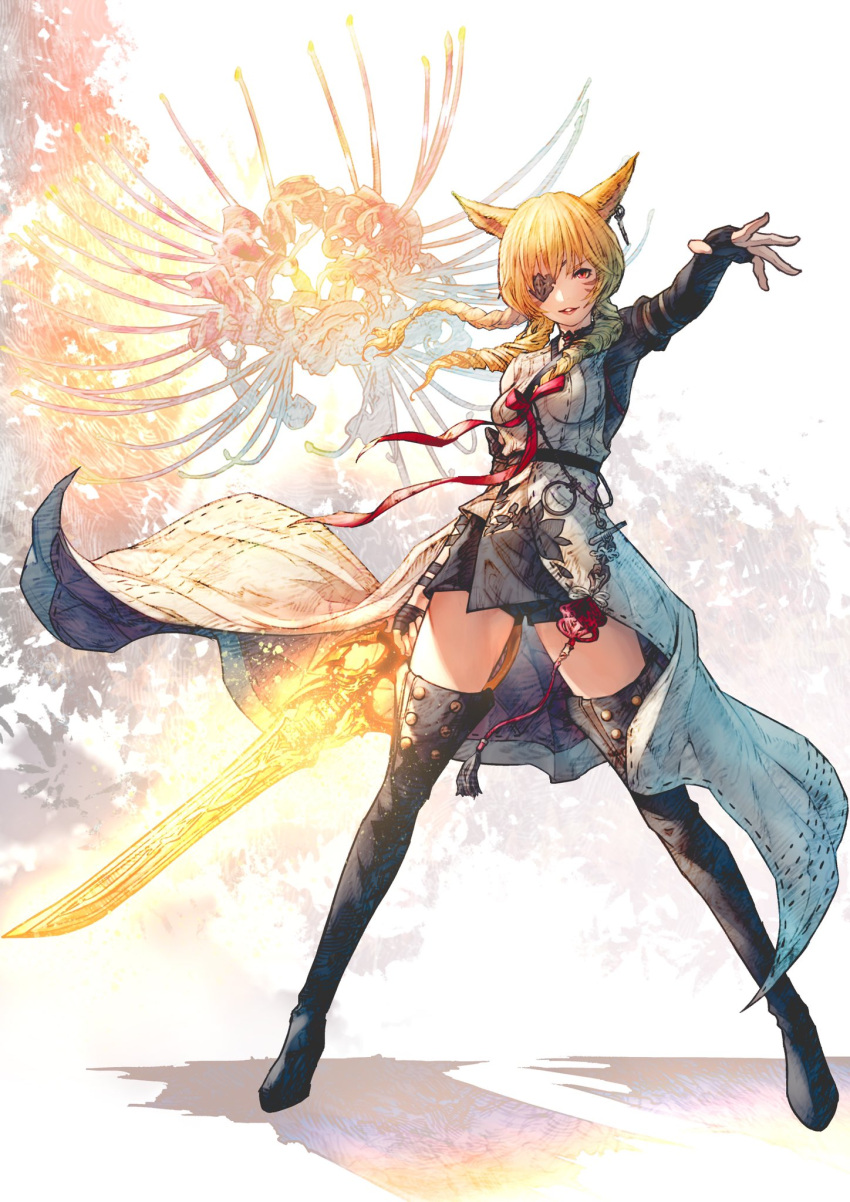 1girl animal_ears bangs black_footwear black_shirt black_shorts blonde_hair boots braid braided_ponytail cat_ears coat drill_hair earrings elbow_gloves eyebrows_visible_through_hair eyepatch final_fantasy final_fantasy_xiv fingerless_gloves full_body gloves gunblade gunbreaker_(final_fantasy) highres holding holding_sword holding_weapon jewelry legs_apart looking_at_viewer miqo'te outstretched_arm parted_lips red_eyes shirt short_shorts shorts shukei single_braid single_earring sleeveless_coat solo standing sword thigh_boots thighhighs weapon white_coat
