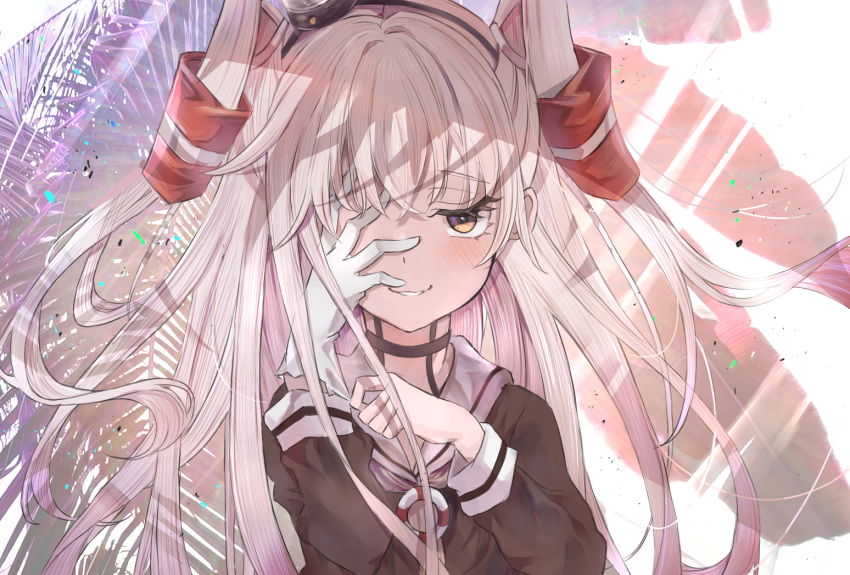 1girl amatsukaze_(kancolle) banana_leaf black_serafuku blush brown_eyes commentary eyebrows_visible_through_hair gloves grey_hair hair_ornament hand_on_own_face kantai_collection long_hair long_sleeves looking_at_viewer neckerchief palm_leaf sailor_collar school_uniform serafuku smile solo two_side_up uniform upper_body white_gloves white_neckerchief white_sailor_collar womisoba