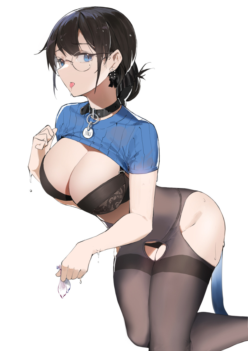1girl absurdres bangs black_bra black_collar black_hair black_legwear black_panties blue_eyes blue_shirt bra breasts cleavage collar commentary_request condom crop_top dog_tags earrings glasses highres holding holding_condom jewelry kneeling lace-trimmed_bra lace_trim large_breasts looking_at_viewer open_mouth original panties panties_under_pantyhose pantyhose ponytail round_eyewear sdustz shirt short_hair sidelocks simple_background solo sweat tail thighband_pantyhose tongue tongue_out underwear used_condom