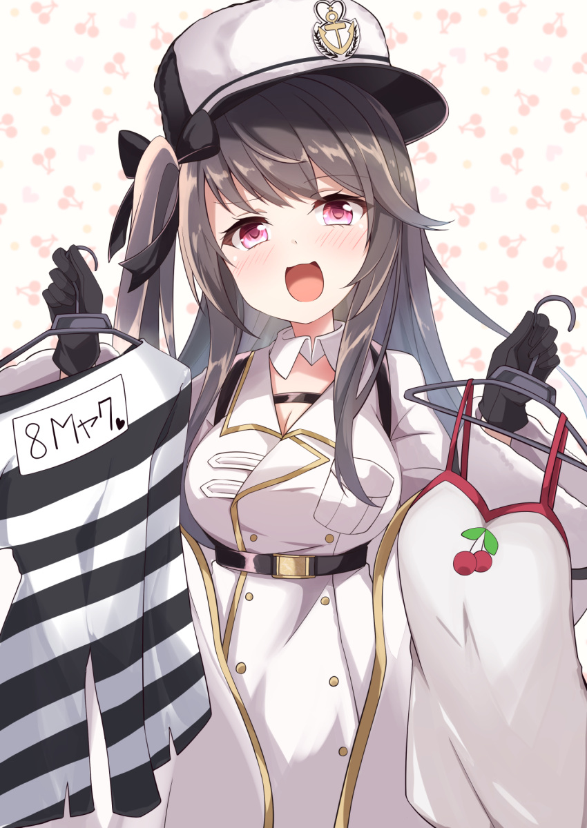 1girl :d acchii_(akina) azur_lane bangs belt black_gloves black_hair blush bow breasts cleavage clothes_hanger coat commentary_request dual_wielding eyebrows_visible_through_hair gloves hair_between_eyes hair_bow hair_ribbon hat highres holding large_breasts long_hair long_sleeves looking_at_viewer one_side_up open_mouth pamiat_merkuria_(azur_lane) prison_clothes purple_eyes ribbon shirt sidelocks simple_background smile solo translation_request white_headwear winter_clothes winter_coat