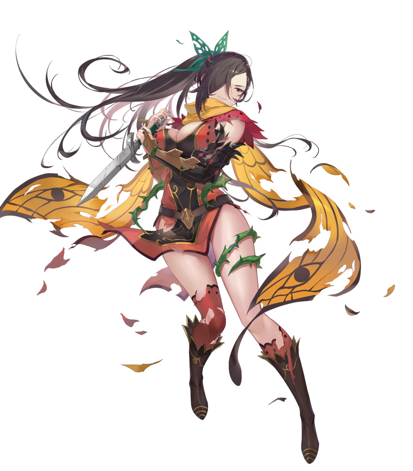 1girl alternate_costume armor asymmetrical_legwear bangs belt boots breasts brown_eyes brown_hair cape dagger dress fire_emblem fire_emblem_fates fire_emblem_heroes full_body hair_ornament hair_over_one_eye highres holding holding_dagger holding_weapon kagero_(fire_emblem) kakage knee_boots knife large_breasts long_hair looking_away official_art parted_lips reverse_grip shiny shiny_hair shiny_skin short_dress single_thighhigh solo thighhighs thighs thorns tied_hair torn_clothes transparent_background weapon