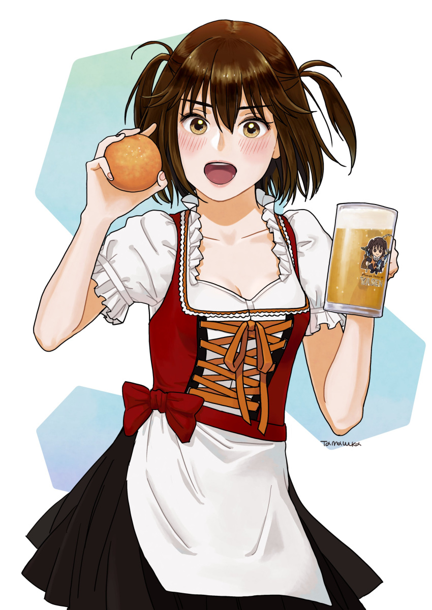 1girl absurdres alcohol beer beer_mug blush brown_eyes brown_hair cup dirndl eyebrows_visible_through_hair food fruit german_clothes hair_between_eyes highres holding kantai_collection lips looking_at_viewer medium_hair mug open_mouth orange_(fruit) sendai_(kancolle) solo symbol-only_commentary twitter_username two_side_up yoshizawa_tamae