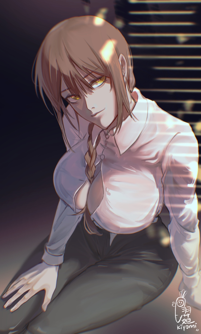 1girl absurdres bangs black_pants braid braided_ponytail breasts brown_hair business_suit chainsaw_man cleavage eyebrows_visible_through_hair formal hair_between_breasts highres large_breasts light_smile looking_at_viewer makima_(chainsaw_man) office_lady pants ringed_eyes shirt smile solo suit white_shirt yellow_eyes