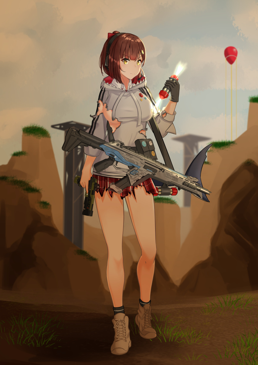 1girl absurdres animal_hood apex_legends areola_slip areolae assault_rifle bangs black_gloves breasts brown_footwear collared_shirt explosive eyebrows_visible_through_hair gloves grenade grey_hoodie gun headset highres holding holding_grenade holding_gun holding_weapon hood hoodie kings_canyon medium_breasts nanami_(virtuareal) nijisanji r-301_carbine re-45_auto red_skirt rifle shark_hood shirt short_hair single_glove skirt solo thermite_grenade torn_clothes torn_hoodie torn_skirt trigger_discipline uncle_dush v-shaped_eyebrows virtual_youtuber virtuareal weapon white_shirt yellow_eyes