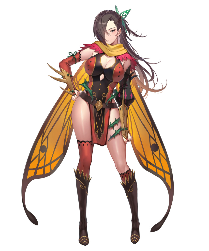 1girl alternate_costume armor asymmetrical_legwear bangs belt boots breasts brown_eyes brown_hair cape cleavage closed_mouth dress fire_emblem fire_emblem_fates fire_emblem_heroes full_body hair_ornament hair_over_one_eye hand_on_hip highres kagero_(fire_emblem) kakage knee_boots large_breasts long_hair looking_at_viewer official_art pelvic_curtain shiny shiny_hair shiny_skin short_dress single_thighhigh solo standing thighhighs thighs thorns tied_hair transparent_background