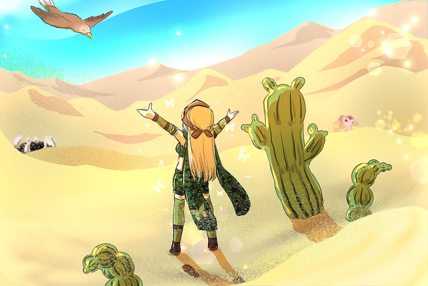 1girl arms_up bandana bird blonde_hair blue_sky boots bra_strap braid breasts brown_footwear brown_headwear cactus camouflage camouflage_scarf camouflage_shorts commentary_request day desert falcon french_braid from_behind full_body gloves green_gloves green_legwear green_scarf green_shorts green_tube_top hode in-universe_location lens_flare long_hair manoji medium_breasts midriff monster outdoors phreeoni ragnarok_online ranger_(ragnarok_online) sand scarf shorts sky solo_focus standing thighhighs