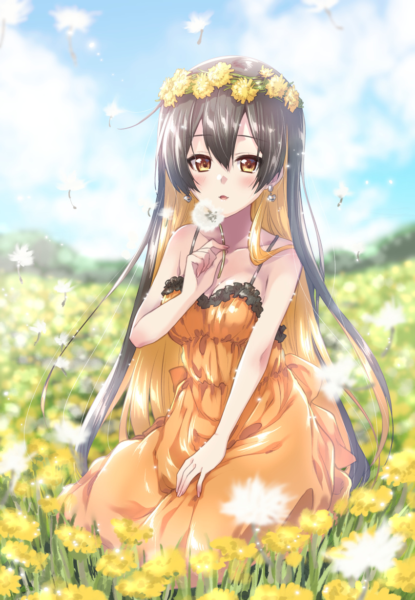 1girl absurdres black_hair blush breasts cleavage cloud commission dandelion day dress earrings field flower full_body hair_between_eyes head_wreath highres holding holding_flower jewelry kuroi_mimei long_hair looking_at_viewer medium_breasts monero-chan multicolored_hair multiple_sources orange_dress orange_eyes orange_hair original outdoors photoshop_(medium) second-party_source seiza sitting skeb_commission sky sleeveless sleeveless_dress solo spaghetti_strap two-tone_hair very_long_hair yellow_flower