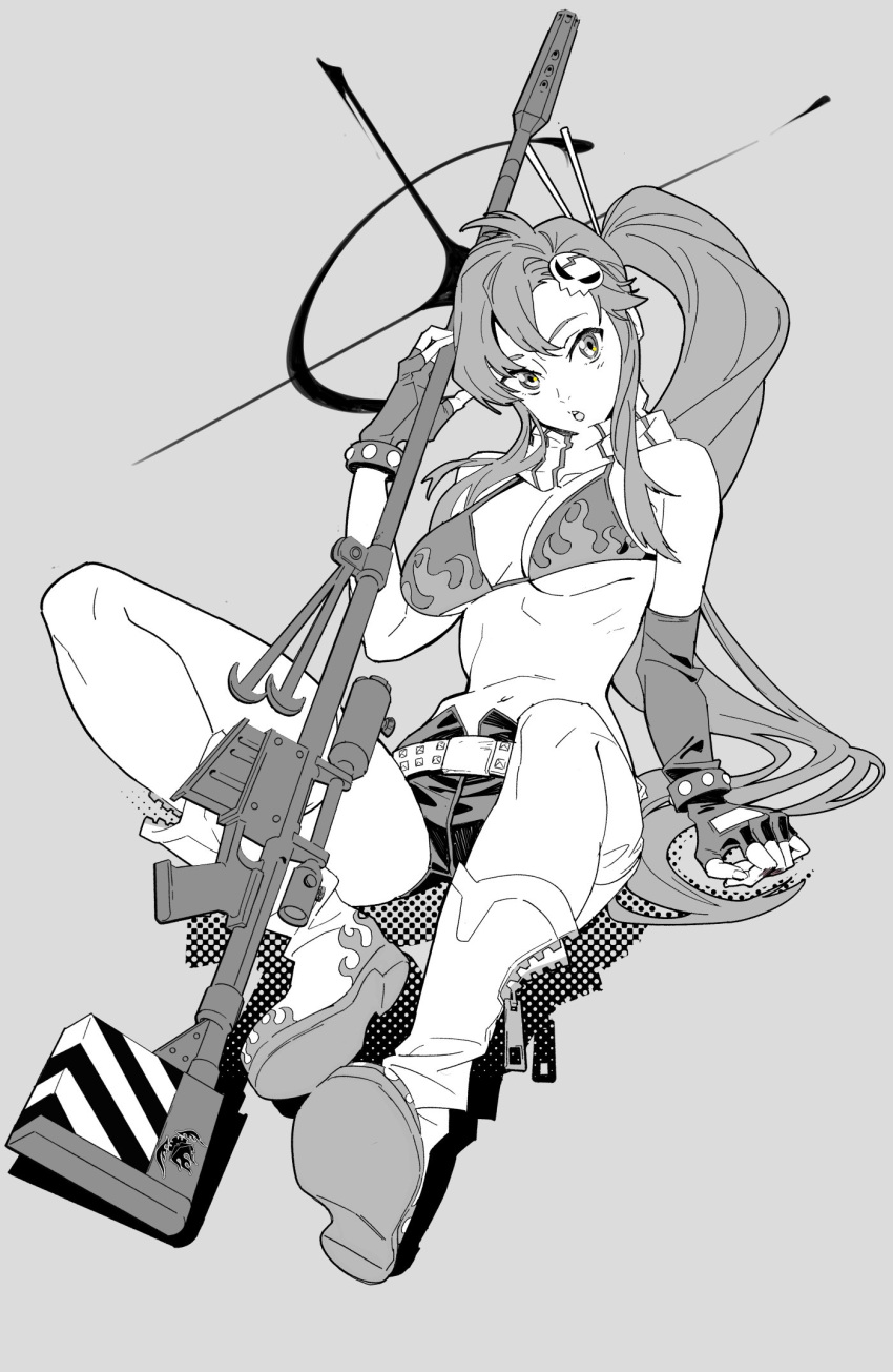 1girl anti-materiel_rifle bangs belt bikini bikini_top blush breasts cleavage fingerless_gloves flame_print gloves greyscale gun hair_ornament halftone highres large_breasts long_hair looking_at_viewer monochrome navel open_mouth ponytail rifle scarf short_shorts shorts simple_background skull_hair_ornament sniper_rifle solo studded_belt swimsuit taisowbukurow tengen_toppa_gurren_lagann thighhighs weapon yoko_littner