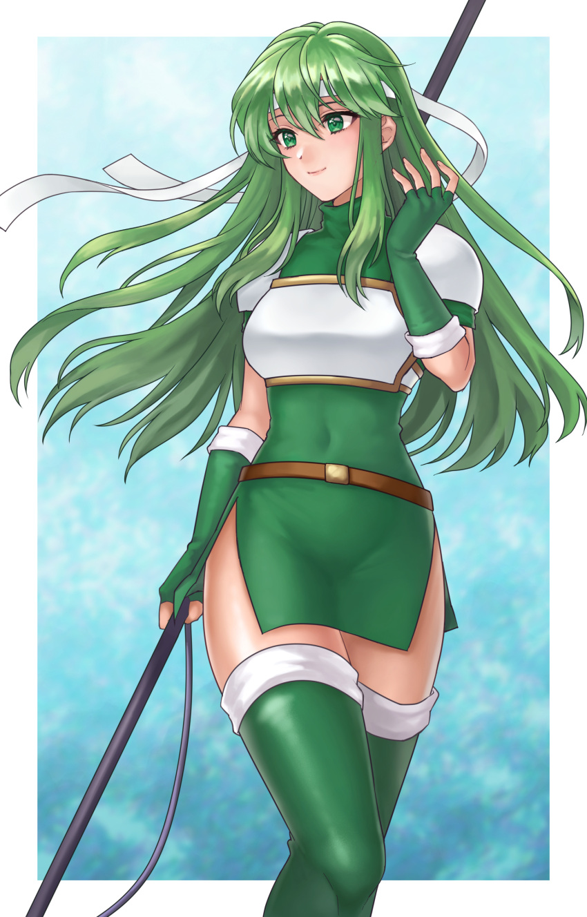 1girl absurdres armor bangs belt boots breastplate covered_navel fingerless_gloves fire_emblem fire_emblem:_mystery_of_the_emblem gloves green_eyes green_hair hair_between_eyes hazuki_(nyorosuke) headband highres holding holding_polearm holding_weapon long_hair palla_(fire_emblem) polearm shoulder_armor sidelocks smile solo thigh_boots thighhighs weapon white_headband