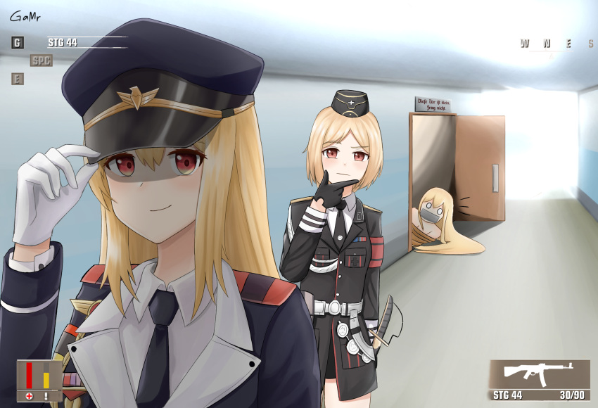 3girls assault_rifle black_gloves black_necktie blonde_hair bound cosplay gag gamryous garrison_cap girls'_frontline gloves gun hat highres hitman_(game) improvised_gag long_hair long_sleeves military military_uniform mp40_(girls'_frontline) multiple_girls necktie peaked_cap red_eyes rifle rope short_hair stg44 stg44_(girls'_frontline) stg44_(girls'_frontline)_(cosplay) sv-98_(girls'_frontline) tape tape_gag tied_up_(nonsexual) uniform user_interface weapon white_gloves