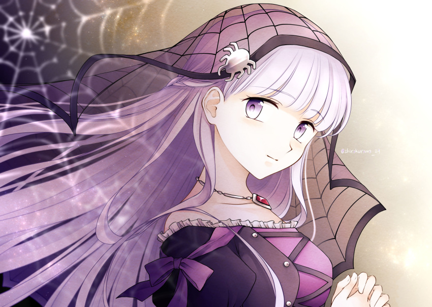 1girl absurdly_long_hair alternate_costume bare_shoulders black_dress bug closed_mouth collarbone dress fire_emblem fire_emblem:_the_binding_blade fire_emblem_heroes frilled_dress frills halloween halloween_costume highres interlocked_fingers jewelry lolita_fashion long_hair looking_at_viewer necklace official_alternate_costume purple_eyes purple_hair shirokuroma_29 solo sophia_(fire_emblem) spider veil very_long_hair