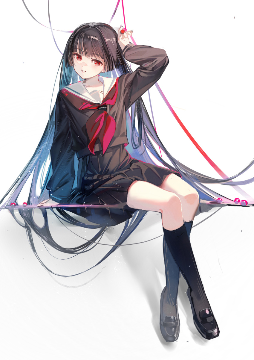 1girl absurdres bangs black_footwear black_hair black_legwear black_serafuku black_skirt blunt_bangs enma_ai grey_background highres hime_cut jigoku_shoujo kneehighs long_hair long_sleeves neckerchief parted_lips pleated_skirt red_eyes red_neckerchief red_ribbon ribbon rumoon sailor_collar school_uniform serafuku shiny shiny_hair simple_background sitting skirt smile solo teeth white_sailor_collar