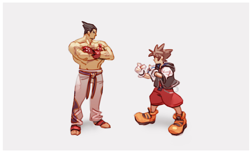 2boys black_hair blue_eyes brown_hair closed_eyes fighting_stance fingerless_gloves gloves highres jewelry kingdom_hearts kingdom_hearts_i male_focus mishima_kazuya multiple_boys muscular necklace nin_nakajima pants red_eyes scar short_hair simple_background sora_(kingdom_hearts) spiked_hair super_smash_bros. tekken thick_eyebrows topless_male