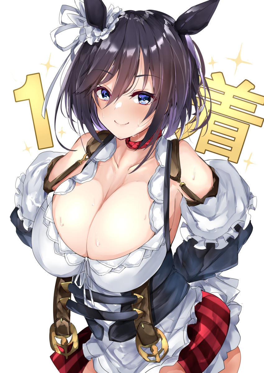 1girl animal_ears arms_behind_back bangs black_hair blue_eyes bodice breasts choker cleavage closed_mouth detached_sleeves dirndl eishin_flash_(umamusume) german_clothes hair_between_eyes hair_ribbon highres horse_ears horse_girl huge_breasts looking_at_viewer miniskirt mutou_(94753939) red_choker red_skirt ribbon scrunchie short_hair skirt smile solo striped striped_skirt sweat umamusume underbust vertical-striped_skirt vertical_stripes white_scrunchie