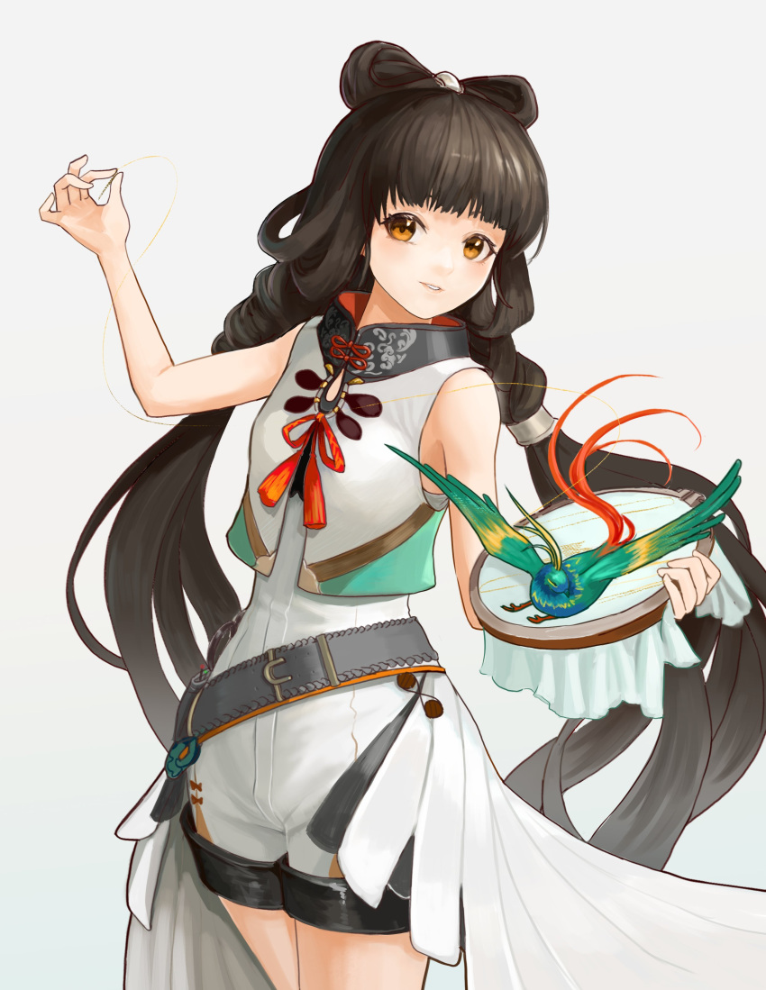 1girl absurdres ahong belt bird brown_hair commentary_request cowboy_shot embroidery_hoop girls'_frontline girls'_frontline_neural_cloud grey_background hair_rings highres holding holding_needle long_hair looking_at_viewer needle qbu-88_(girls'_frontline) sewing shorts sleeveless smile solo thread twintails very_long_hair vest yellow_eyes
