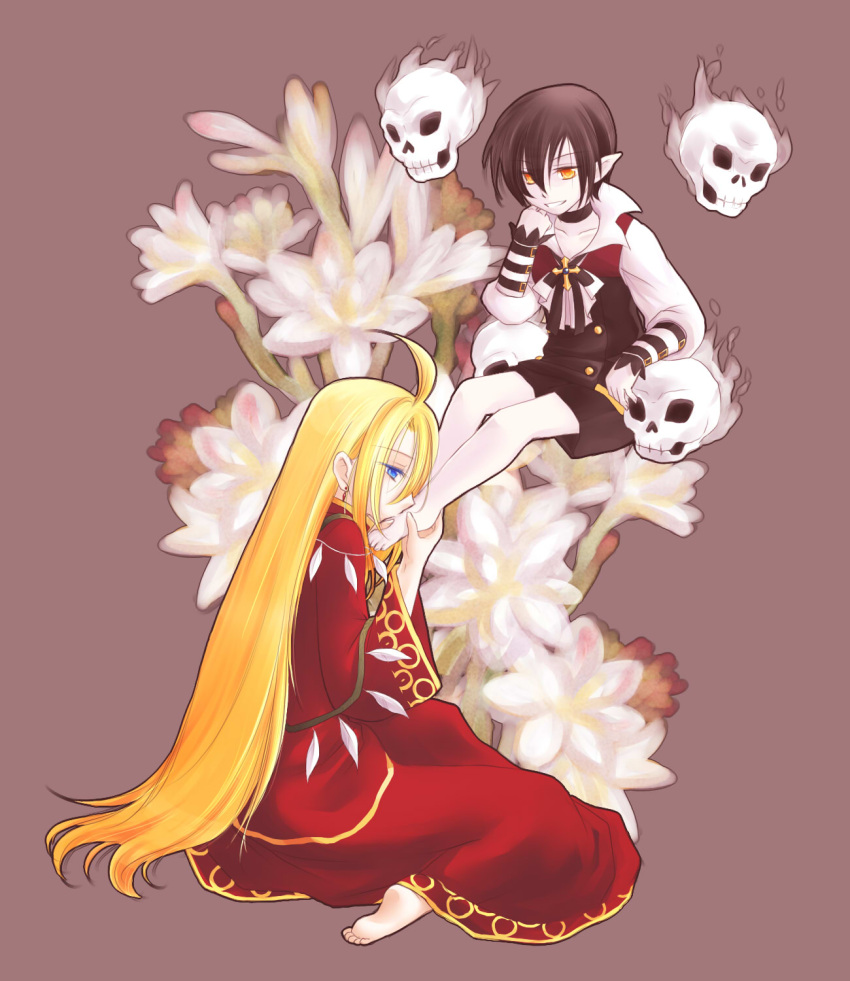 2boys ahat_(ragnarok_online) ahoge arm_belt bangs barefoot belt black_belt black_shorts black_vest blonde_hair blue_eyes brown_hair choker commentary_request cross despair_god_morroc earrings eyebrows_visible_through_hair flaming_skull floating_skull flower full_body grin highres jewelry kissing_foot long_hair long_sleeves looking_at_another male_focus manoji multiple_boys orange_eyes pointy_ears ragnarok_online red_robe shirt short_hair shorts sitting smile vest white_flower white_shirt yaoi