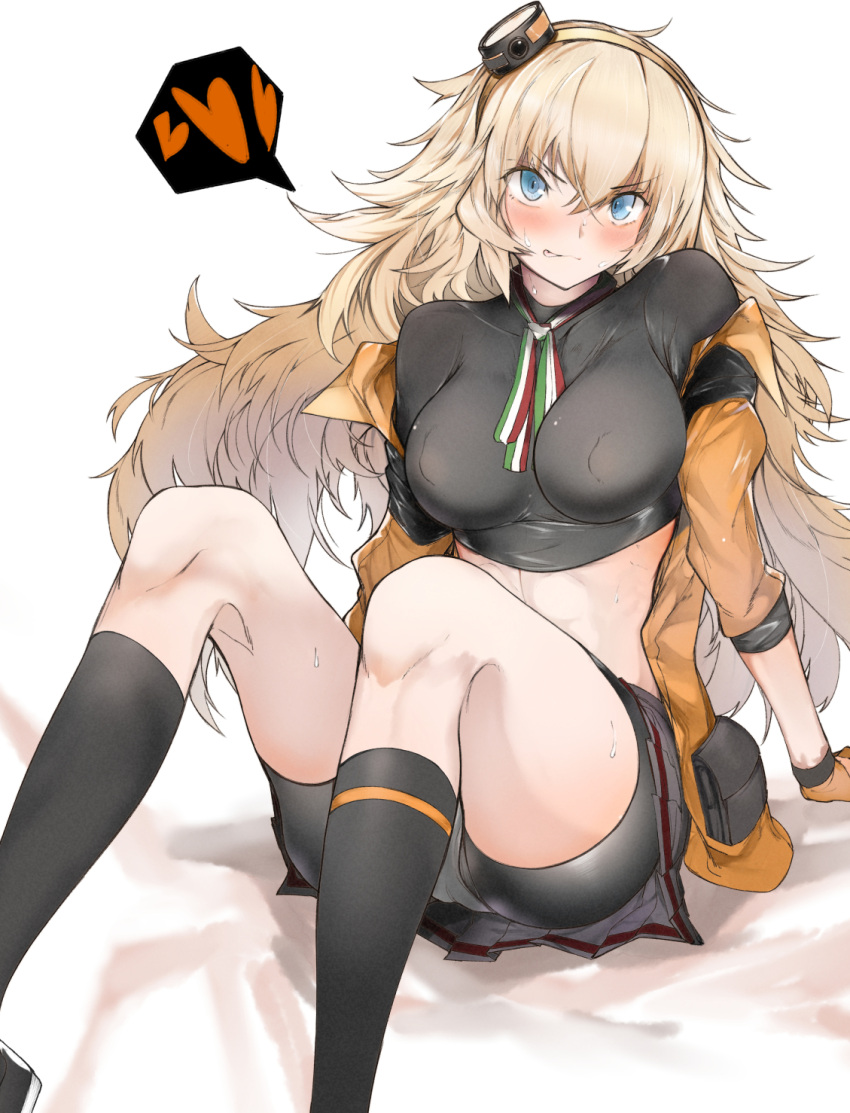 1girl bike_shorts bike_shorts_under_skirt black_shirt blonde_hair blue_eyes breasts commentary_request covered_nipples ekuesu eyebrows_visible_through_hair girls'_frontline gloves hair_between_eyes hairband heart highres italian_flag_neckwear jacket large_breasts licking_lips looking_at_viewer messy_hair midriff off_shoulder s.a.t.8_(girls'_frontline) shirt sitting skirt socks solo spoken_heart sweat tongue tongue_out yellow_hairband yellow_jacket