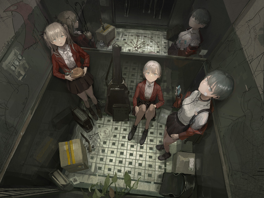 3girls blindfold character_request different_reflection digital_media_player earphones elevator guitar_case highres instrument_case ipod knife looking_at_another magic_circle missing_poster multiple_girls paindude plant reflection scenery school_uniform scissors scp-2317 scp_foundation short_hair twintails