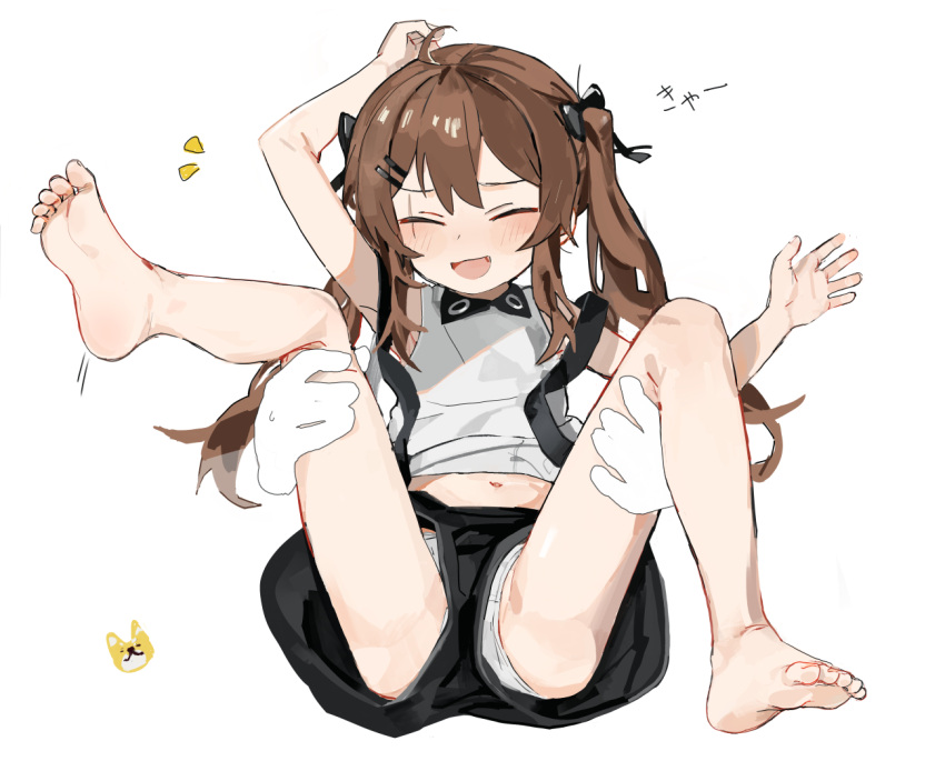 1girl barefoot bow brown_hair closed_eyes disembodied_limb feet full_body girls'_frontline hair_bow hair_ornament hairclip laughing legs lying on_back open_mouth scar scar_across_eye soles solo spread_legs tickling toes twintails ump9_(girls'_frontline) white_background younger yuki_hotaru