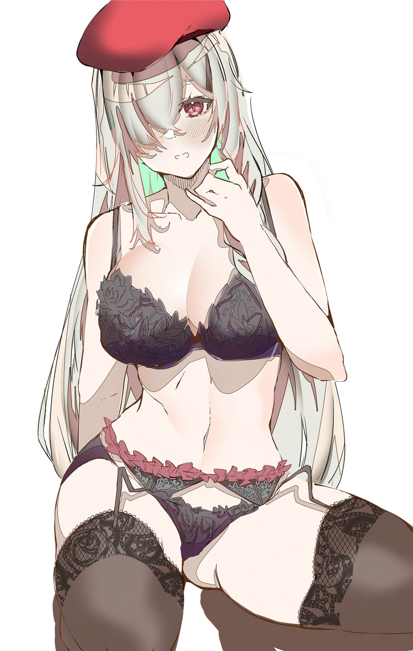 1girl absurdres arm_behind_back beret black_bra black_panties blush bra braid breasts cleavage e_sky_rugo frilled_garter_belt g36c_(girls'_frontline) garter_belt girls'_frontline hair_over_one_eye hat highres kneeling lace_trim large_breasts lingerie long_hair looking_at_viewer navel panties red_eyes red_headwear simple_background solo thighhighs thighs underwear underwear_only white_background white_hair