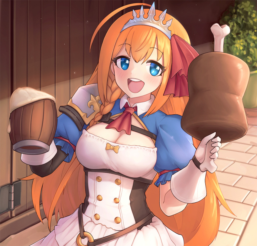 1girl ahoge alcohol armor ascot bangs beer beer_mug blue_eyes boned_meat bow braid breasts buttons cleavage cleavage_cutout clothing_cutout corset cup double-breasted eyebrows_visible_through_hair food gloves hair_ribbon highres holding jacy long_hair looking_at_viewer meat medium_breasts mug open_mouth orange_hair pauldrons pecorine_(princess_connect!) plant potted_plant princess_connect! puffy_short_sleeves puffy_sleeves ribbon round_teeth short_sleeves shoulder_armor shrug_(clothing) side_braid single_pauldron solo teeth tiara upper_teeth