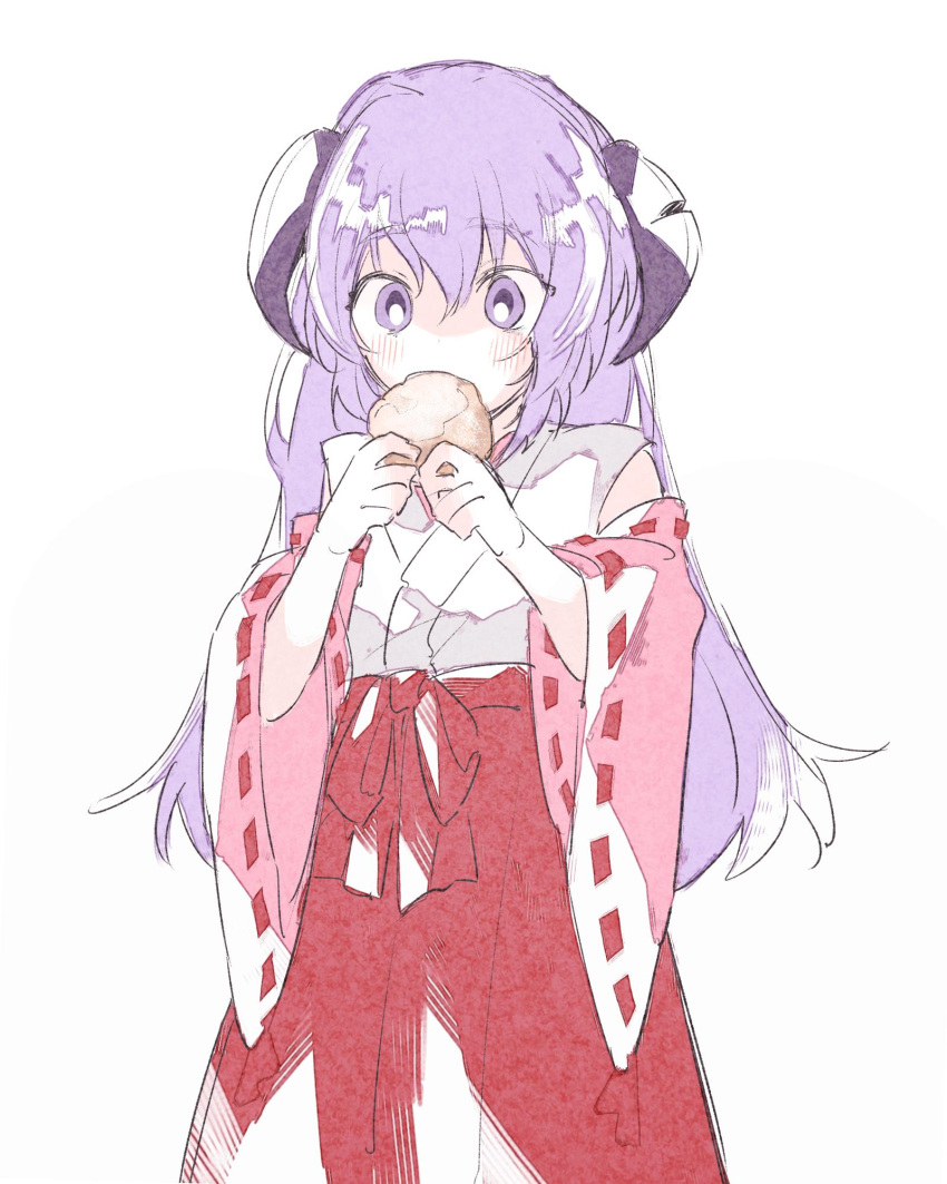 1girl blush commentary detached_sleeves eating food hair_between_eyes hakama hakama_skirt hands_up hanyuu highres higurashi_no_naku_koro_ni holding holding_food horns japanese_clothes long_hair mura_konbane nontraditional_miko pink_sleeves purple_eyes purple_hair red_hakama red_ribbon red_skirt ribbon ribbon-trimmed_sleeves ribbon_trim simple_background sketch skirt solo standing white_background wide_sleeves