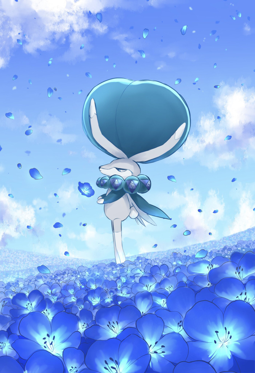 blue_flower calyrex closed_mouth cloud commentary_request day field flower flower_field highres outdoors petals pokemon pokemon_(creature) ringo_cha sky solo standing