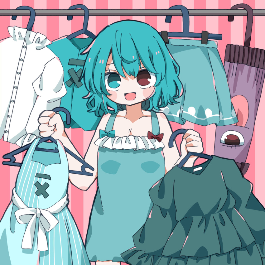 1girl absurdres blue_bow blue_dress blue_eyes blue_hair blue_skirt blue_vest bow dress happy heterochromia highres juliet_sleeves long_sleeves open_mouth puffy_sleeves red_bow red_eyes salt_(seasoning) shirt short_hair skirt tatara_kogasa touhou umbrella vest white_shirt