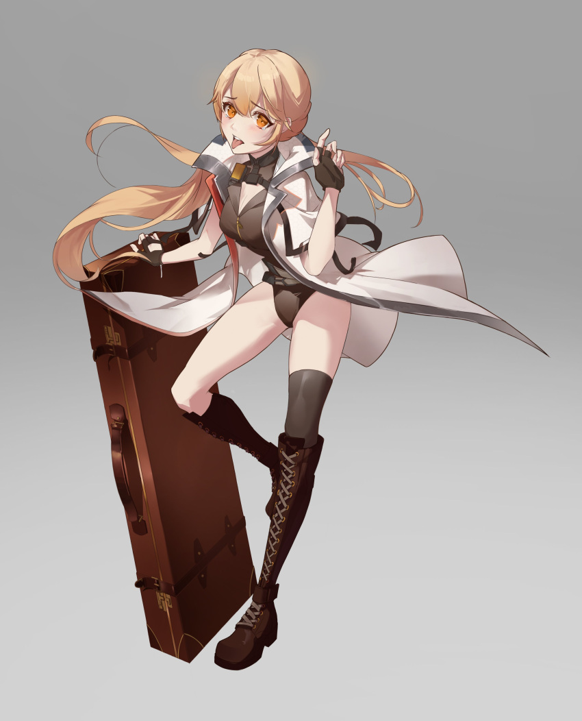 1girl absurdres asymmetrical_legwear black_gloves blonde_hair blush boots breasts cleavage commentary_request fingerless_gloves full_body girls'_frontline girls'_frontline_2:_exilium gloves grey_background highres jacket knee_boots lihongrun1 long_hair looking_at_viewer medium_breasts ots-14_(girls'_frontline) ponytail single_thighhigh solo tearing_up thighhighs tongue tongue_out weapon_case white_jacket yellow_eyes