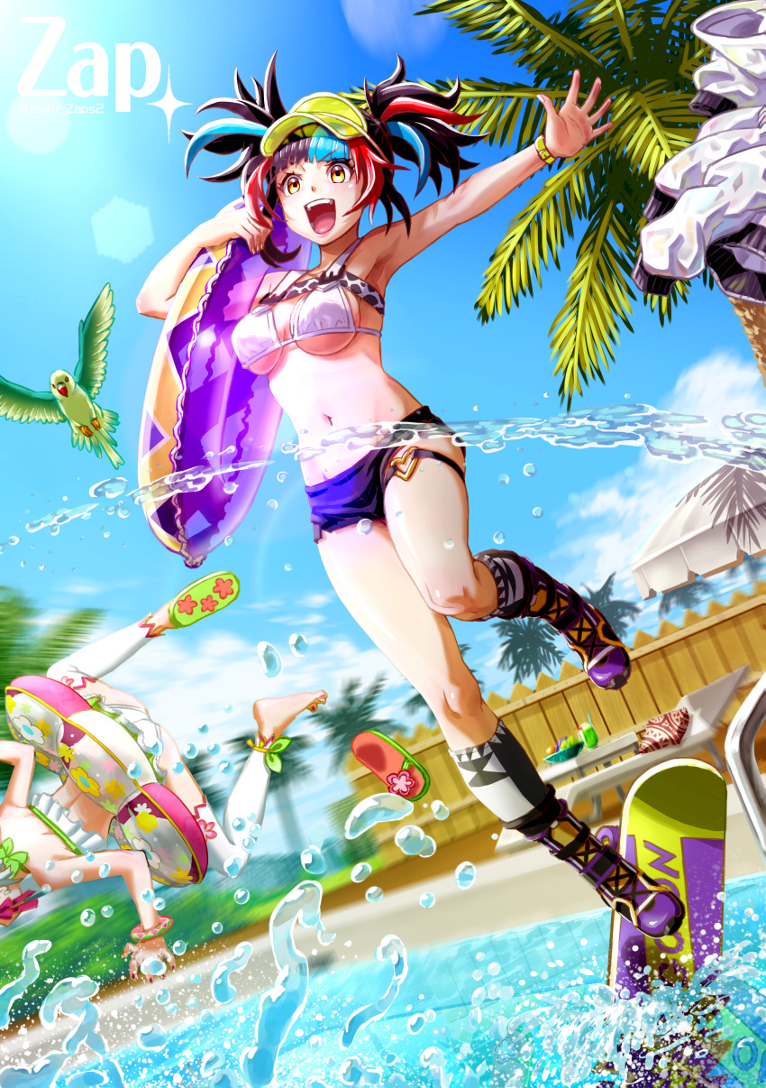 2girls :d absurdres artist_name bangs bikini black_hair black_shorts blue_hair blue_sky breasts eyebrows_visible_through_hair fate/grand_order fate_(series) highres innertube kama_(fate) kama_(swimsuit_avenger)_(fate) looking_away multicolored_hair multiple_girls navel open_mouth palm_tree pool poolside red_hair sei_shounagon_(fate) sei_shounagon_(swimsuit_berserker)_(fate) shorts sky smile swimsuit thigh_strap tree twintails visor_cap water white_bikini white_legwear yellow_eyes zap