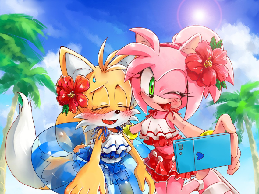 1boy 1girl ;d alternate_costume alternate_hairstyle amy_rose animal_ears animal_nose bare_shoulders bikini bikini_skirt blonde_hair blue_ribbon blue_sky blush bracelet breasts cloud cloudy_sky commentary crossdressing day fang flower fox_boy fox_ears fox_tail frilled_bikini frills furry furry_female furry_male green_eyes hair_flower hair_ornament hairband hand_up happy heart hibiscus holding innertube jewelry lens_flare looking_at_phone looking_at_viewer medium_breasts midriff misuta710 multiple_tails navel one_eye_closed open_mouth outdoors palm_tree phone pink_hair red_flower red_hairband ribbon selfie shiny short_hair skirt sky sleeveless smile sonic_(series) standing standing_on_one_leg sun sunlight sweatdrop swimsuit tail tails_(sonic) tied_hair tongue tree