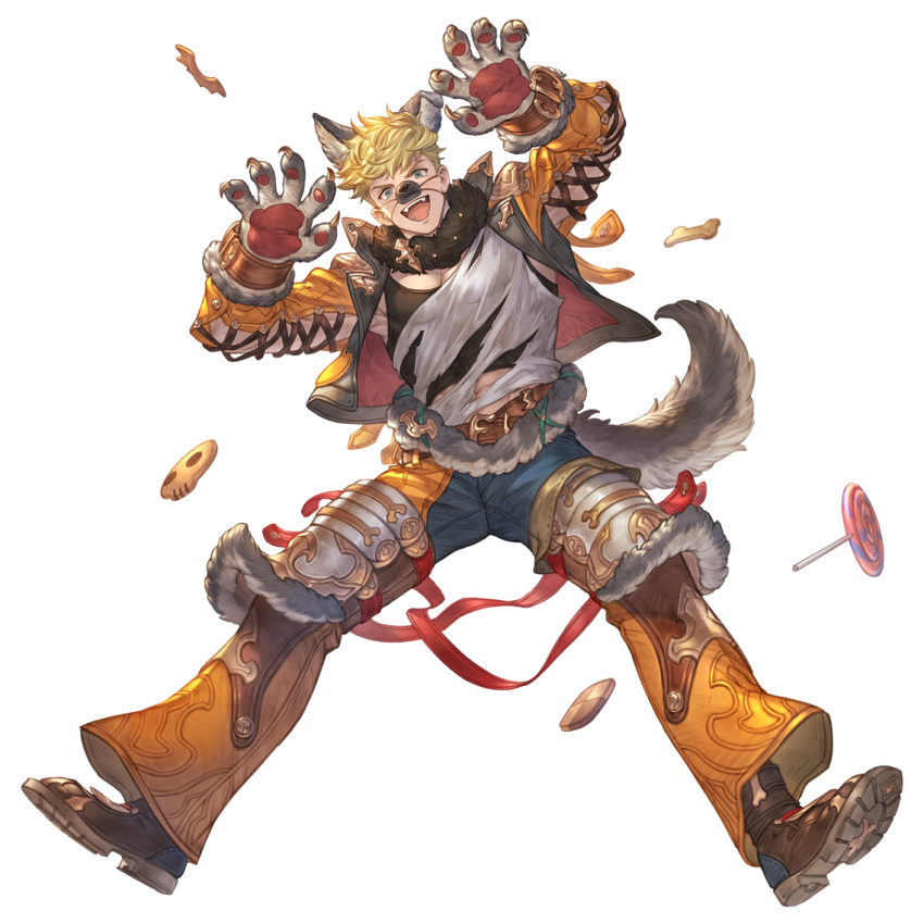 1boy abs animal_costume animal_ears bangs bara black_tank_top blonde_hair candy cookie cropped_jacket cross-laced_clothes cross-laced_cutout cross-laced_slit cross-laced_top fangs food full_body fur_collar granblue_fantasy green_eyes halloween_costume jacket knee_pads large_pectorals looking_at_viewer male_focus minaba_hideo official_alternate_costume official_art open_clothes open_jacket open_mouth orange_jacket pants paw_pose pectoral_cleavage pectorals shirt short_hair smile solo tail tank_top teeth toned toned_male torn_clothes torn_shirt transparent_background vane_(granblue_fantasy) white_shirt wolf_boy wolf_costume wolf_ears wolf_paws wolf_tail