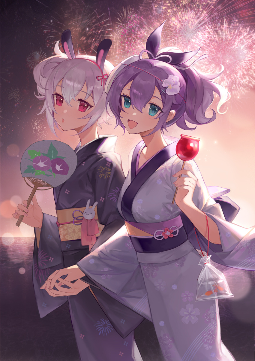 2girls alternate_costume animal_ears azur_lane bag blue_eyes blurry blush bokeh breasts candy_apple commentary cowboy_shot depth_of_field eyebrows_visible_through_hair fireworks fireworks_print fish floral_print flower food goldfish hair_between_eyes hair_flower hair_ornament hairclip half_updo hand_fan highres holding holding_fan holding_hands interlocked_fingers japanese_clothes javelin_(azur_lane) kimono laffey_(azur_lane) looking_at_viewer medium_breasts medium_hair multiple_girls night night_sky obi obijime ocean open_mouth outdoors paper_fan plastic_bag ponytail purple_hair purple_kimono red_eyes sash short_hair silver_hair sky smile summer_festival uchiwa yayako_(804907150) yukata