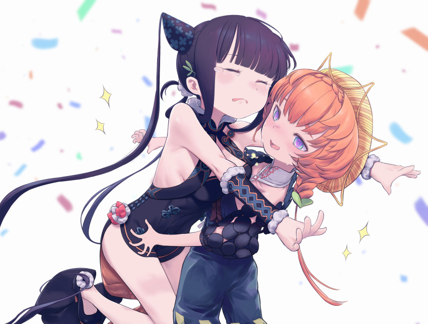 2girls @_@ absurdres bangs bare_shoulders black_dress blue_eyes blue_overalls blush braid breasts china_dress chinese_clothes cleavage closed_eyes confetti crown_braid daisi_gi detached_sleeves dress fate/grand_order fate_(series) hair_ornament hat highres hug leaf_hair_ornament long_hair medium_breasts multiple_girls open_mouth orange_hair overall_shorts overalls puffy_sleeves purple_hair side_braid side_slit sidelocks small_breasts straw_hat tears thighs toe_cleavage twintails van_gogh_(fate) very_long_hair yang_guifei_(fate) yellow_headwear