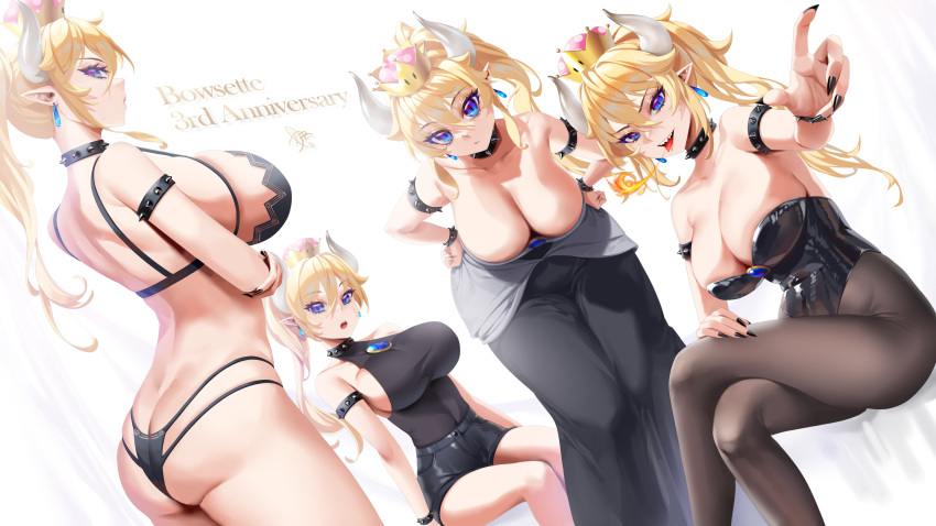 4girls absurdres alternate_costume anniversary armlet arms_at_sides ass back bangs bent_over black_collar black_dress black_leotard black_nails blonde_hair blue_eyes bowsette bra bracelet breasts breathing_fire butt_crack character_name cleavage closed_mouth collar crown downblouse dress earrings fingernails fire hair_between_eyes halterneck hand_rest hand_up hands_on_hips highres horns jewelry large_breasts leotard lingerie long_dress long_hair looking_at_viewer mario_(series) multiple_girls multiple_persona nail_polish new_super_mario_bros._u_deluxe no_tail open_mouth panties pantyhose pointy_ears reward_available sharp_fingernails sharp_teeth shirt shorts sideboob sidelocks sitting skindentation sleeveless sleeveless_shirt smile spiked_armlet spiked_bracelet spiked_collar spikes standing strapless strapless_dress strapless_leotard super_crown teddyellow teeth tongue tongue_out underwear underwear_only v-shaped_eyebrows