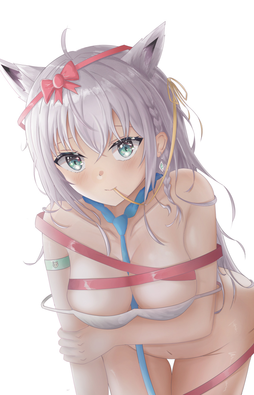1girl absurdres ahoge animal_ear_fluff animal_ears aqua_eyes arm_support armband bangs blue_neckwear blush bow bra braid breasts cleavage ear_piercing earrings eyebrows_visible_through_hair fox_ears fox_girl green_eyes hair_between_eyes hair_bow hair_ribbon highres holding_own_arm hololive jewelry leaning_forward long_hair looking_at_viewer mouth_hold namikare navel piercing pink_ribbon ribbon ribbon_in_mouth shirakami_fubuki side_braid silver_hair simple_background single_braid single_earring smile solo strap_slip thighs underwear virtual_youtuber white_background white_bra white_hair yellow_ribbon