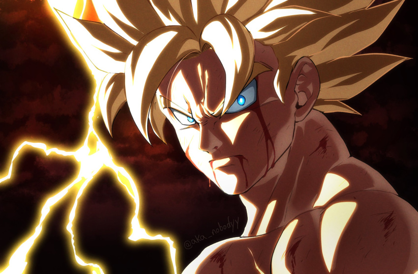 1boy aka_nobodyy bangs blonde_hair blood blood_from_eyes blood_from_mouth blood_on_face blue_eyes bright_pupils close-up closed_mouth cloud cloudy_sky collarbone commentary cuts dark_clouds darkness derivative_work dragon_ball dragon_ball_z english_commentary face frown glowing glowing_eyes highres injury lightning looking_at_viewer male_focus muscular muscular_male parted_bangs red_sky scratches screencap_redraw serious sidelighting sky solo son_goku spiked_hair super_saiyan super_saiyan_1 twitter_username upper_body white_pupils