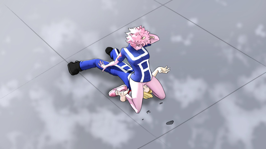 1boy 1girl :o aoyama_yuuga arm_support ashido_mina blonde_hair blue_shirt blue_sky blush boku_no_hero_academia bottomless closed_eyes colored_skin commentary cunnilingus english_commentary exhibitionism floor from_above frottage greatm8 hand_on_own_head hands_up hetero highres horns leaning_back lying o_o on_back oral outdoors pink_hair pink_skin pussy_juice shirt short_hair short_sleeves sitting sitting_on_face sitting_on_person sky stadium straddling u.a._gym_uniform