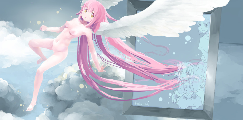 bangs blue_background blush cloud cloudy_sky completely_nude cover eyebrows_visible_through_hair floating floating_hair highres hozumi_irie kaname_madoka long_hair looking_at_viewer looking_to_the_side mahou_shoujo_madoka_magica mahou_shoujo_madoka_magica_movie miki_sayaka momoe_nagisa nude pink_hair sky two_side_up ultimate_madoka white_wings wings yellow_eyes