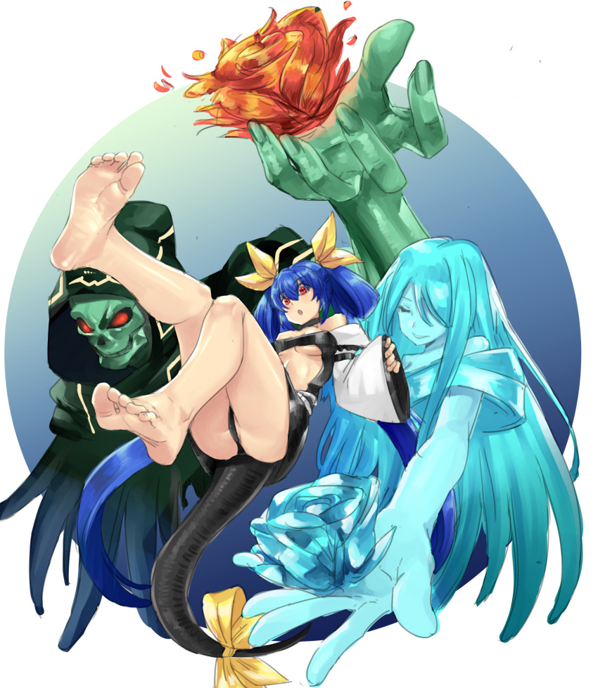 1boy 2girls :o angel_wings ass asymmetrical_wings bare_shoulders barefoot blue_hair breasts choker dizzy_(guilty_gear) eiji_(eiji) feet flower foot_focus foreshortening greek_toe guilty_gear guilty_gear_x guilty_gear_xx hair_ribbon hair_rings highres long_hair monster_girl mother's_day multiple_girls necro_(guilty_gear) open_mouth red_eyes ribbon simple_background soles tail tail_ornament tail_ribbon toes twintails underboob undine_(guilty_gear) wide_sleeves wings yellow_ribbon