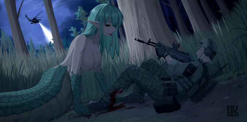 1boy 1girl aiming aircraft ak-12 areolae assault_rifle baseball_cap black_sclera blood blood_on_breasts blood_on_face breasts censored colored_sclera edzactly forest forked_tongue green_hair gun guro hanging_breasts hat helicopter highres holding holding_gun holding_weapon injury kalashnikov_rifle lamia large_breasts long_hair military military_uniform monster_girl mosaic_censoring nature night night_sky original pointy_ears rifle scales searchlight sky tactical_clothes tongue tongue_out tree uniform weapon