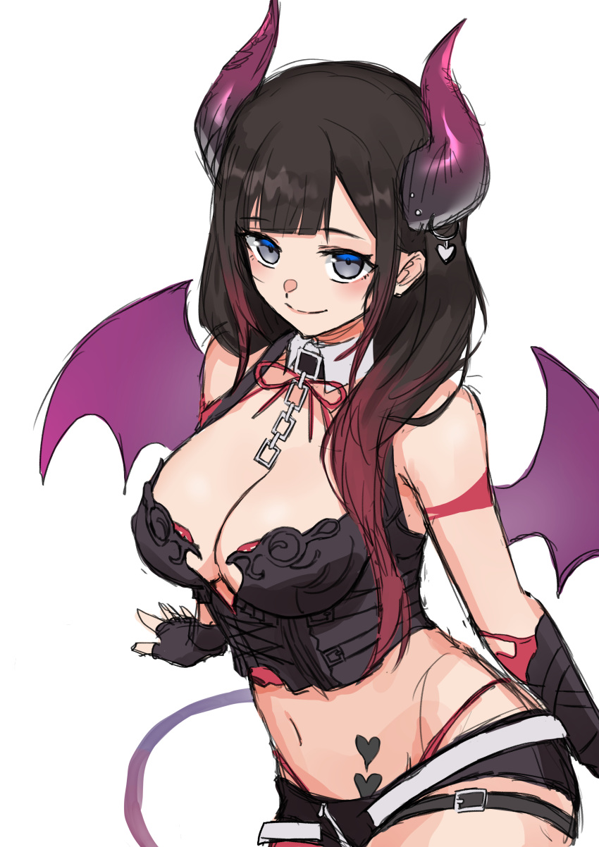 1girl absurdres alternate_costume bangs bare_shoulders black_hair breasts cleavage cosplay cowboy_shot demon_girl demon_horns demon_wings detached_collar evememu fingerless_gloves gloves grey_eyes heart heart_tattoo highres horn_ornament horn_piercing horns large_breasts long_hair lowleg lowleg_shorts multicolored_hair nijisanji short_shorts shorts smile solo streaked_hair suzuka_utako tattoo thigh_strap virtual_youtuber white_background wings